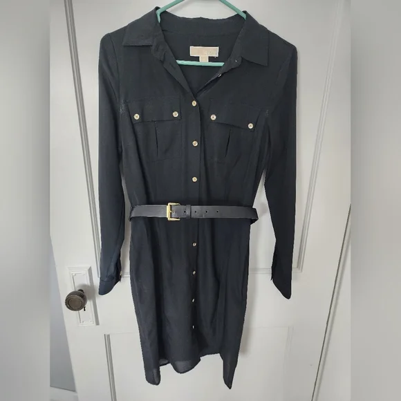 michael kors black shirt dress Michael Kors Georgette Belted Shirtdress